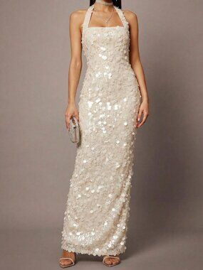 Apricot Halter Women's Sequin Backless Long Dress